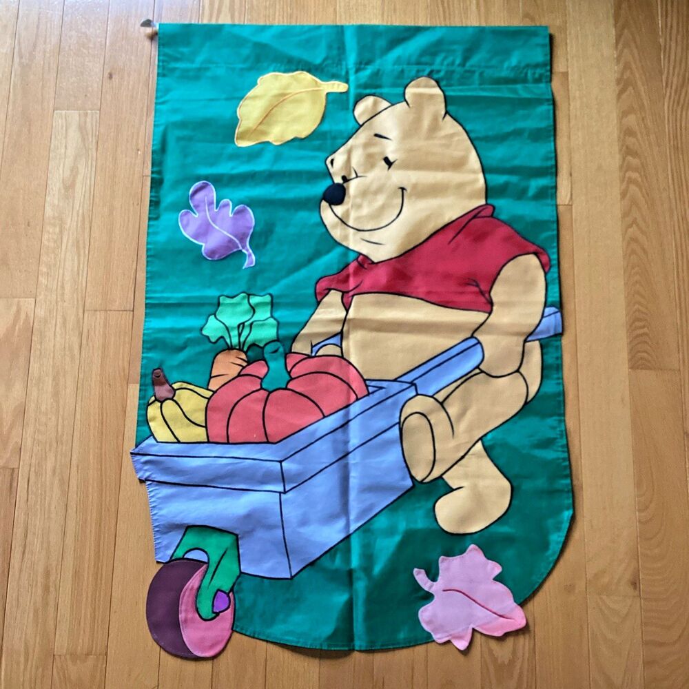 Disney Pooh Fall Autumn House Flag Pumpkin Leaves Wheel Barrow Nylon